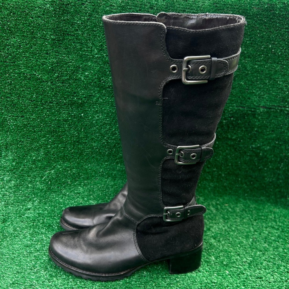 Ecco Black Leather Suede Tall Buckle Boots Side Zip Block Heel Lug Sole Size 37
